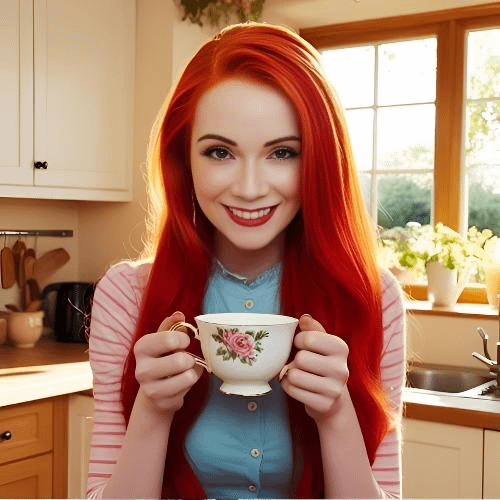A red-haired woman smiling with a cup of tea
