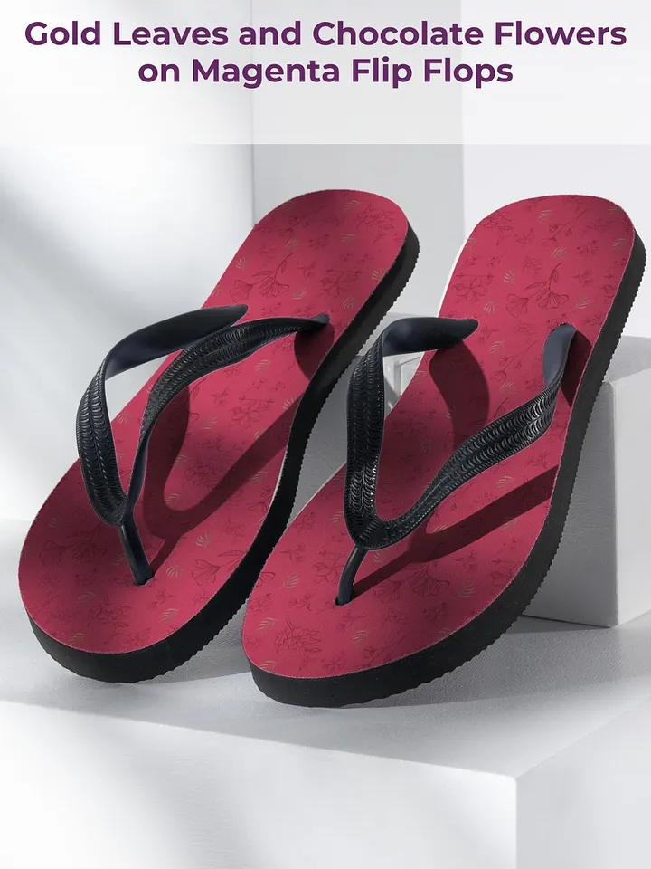 Gold Leaves and Chocolate Flowers on Magenta Flip-Flops product image (1)