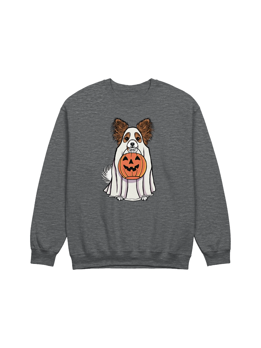 Funny Halloween Papillon Sweatshirt | Funny Papillon Wearing a Ghost Costume and Holding a Pumpkin Basket product image (7)