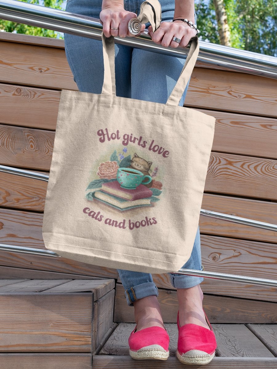 Hand-drawn cat floral canvas tote bag, Gift for a book lover - Hot Girls Love Cats and Books product image (1)