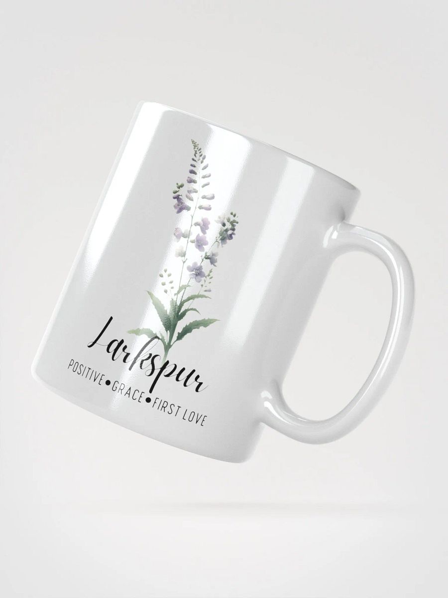 Larkspur Ceramic White Mug: Positive, Grace, First Love, July Birth Month Flower product image (4)