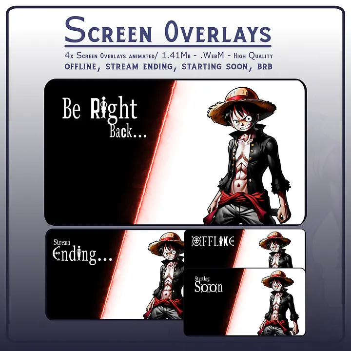 Luffy Black White Stream OVERLAY Pack, One Piece Overlay, Dark Anime twitch overlay, Anime black white Overlay, Black white stream overlay product image (2)