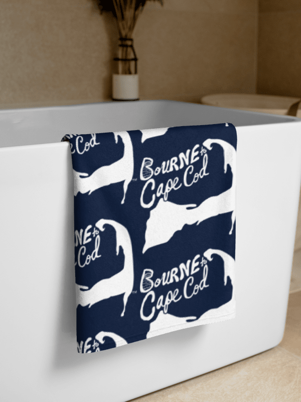 BOURNE to Cape Cod™ | Coastal Classic Beach Towel | All-Over Logo Print | Vibrant Colors for Salty Souls | White Logo on Navy product image (2)