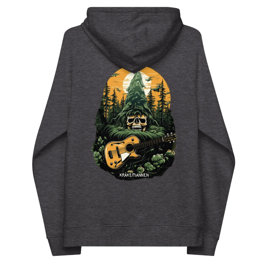 Unisex Eco Raglan Hoodie 🌲 Skeleton head with a guitar in a spruce forest product image (4)