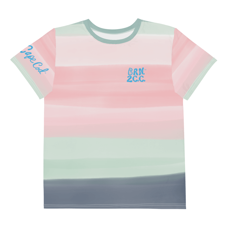 🦩YOUTH | Girls’ | BOURNE to Cape Cod™ | Logo Tee – All-Over Print | BRN.2C.C.™ | Coastal Cutie Vibes💖 | Blue Logo on Horizon Stripes | Pink, White & Gray product image (1)