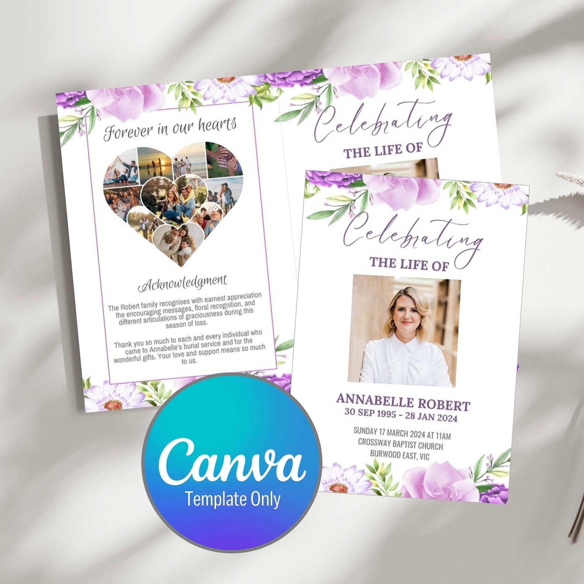 Purple Pink Flowers Funeral Program Canva Template product image (1)