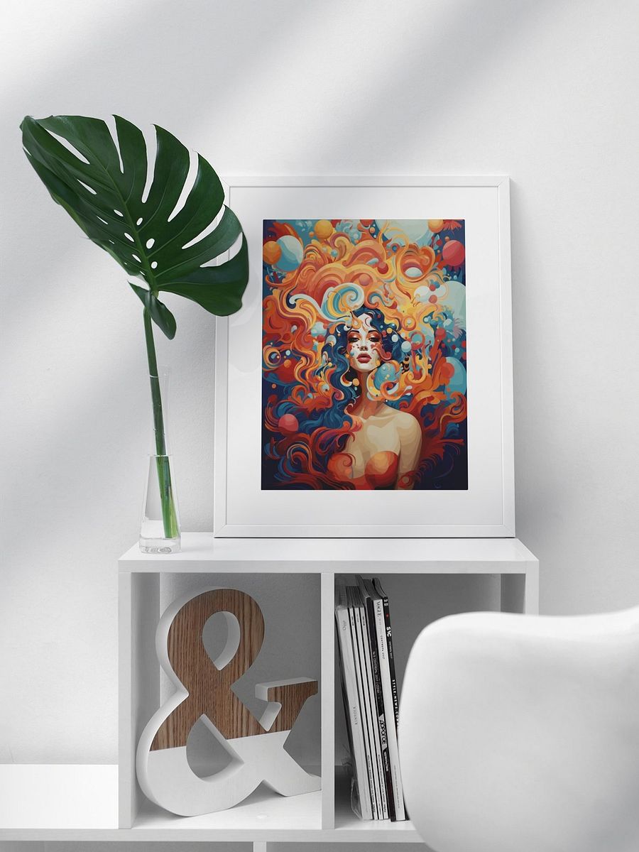 Fiery Autumn Goddess Art Poster, Vivid Orange and Blue Fantasy Woman, Whimsical Surreal Portrait for Enchanting Home Decor product image (3)
