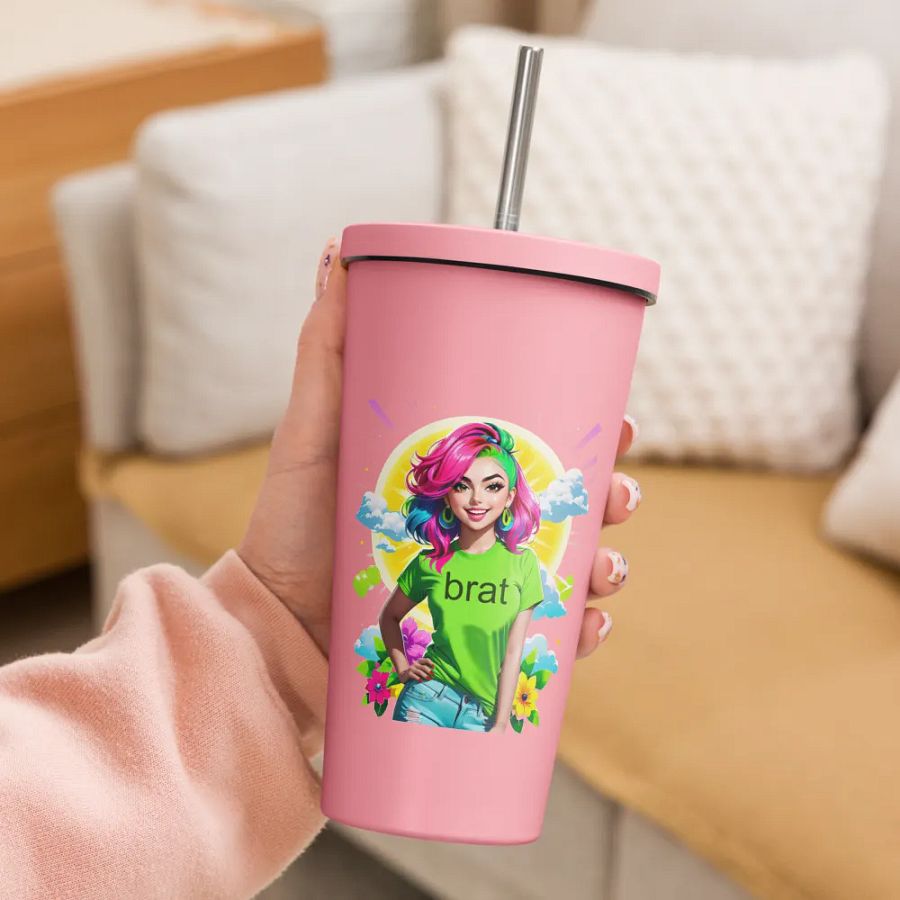 Brat 20 oz Tumbler Cup - Pink - Insulated Tumbler with a Straw v5 product image (3)