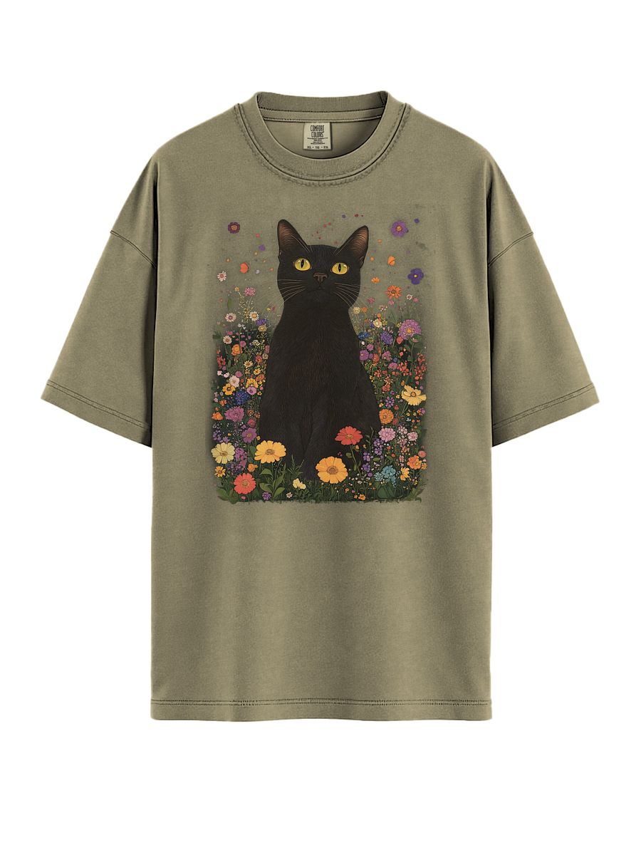 Black Cat in Wildflowers – Whimsical Floral Art T-Shirt for Cat Lovers product image (1)