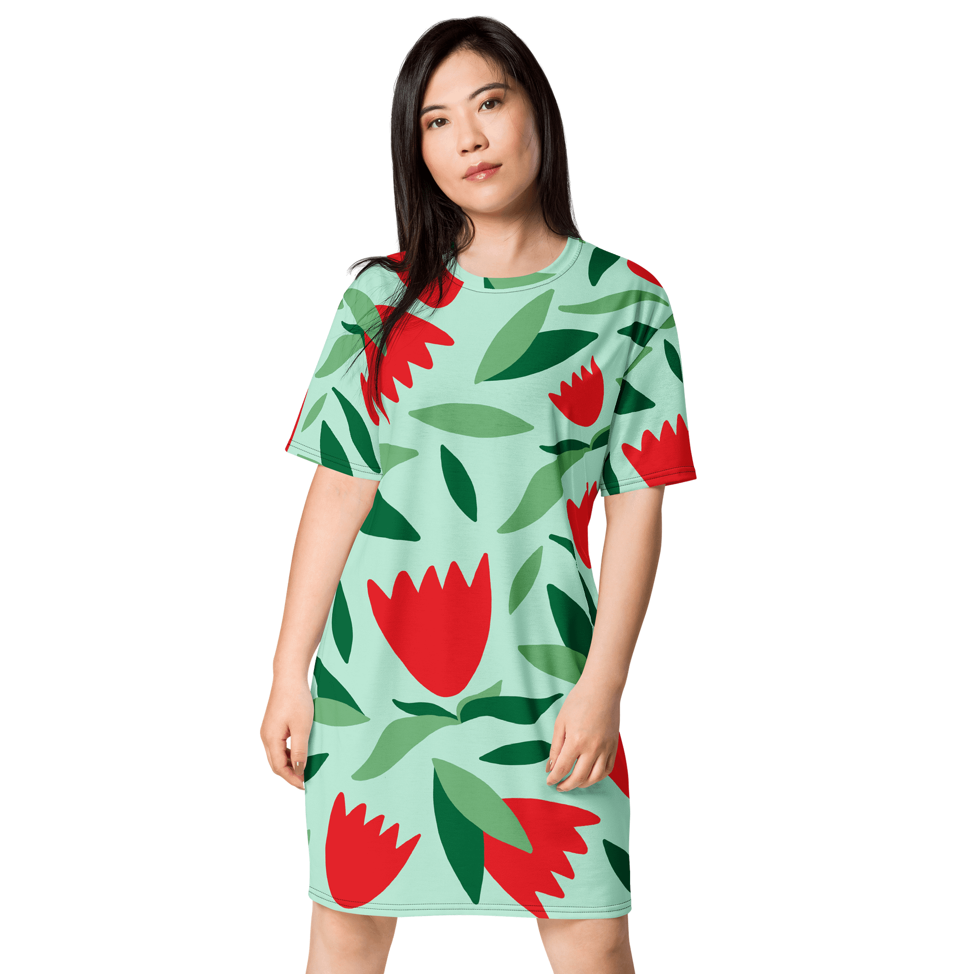 Floral Oversized T-Shirt Dress in Vibrant Red and Green - Exclusive TDSMUSIC Design product image (1)