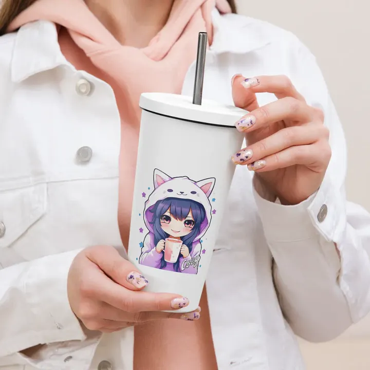 Cozy Kawaii Anime Girl 20 oz Tumbler Cup - White - Insulated Tumbler with a Straw product image (2)