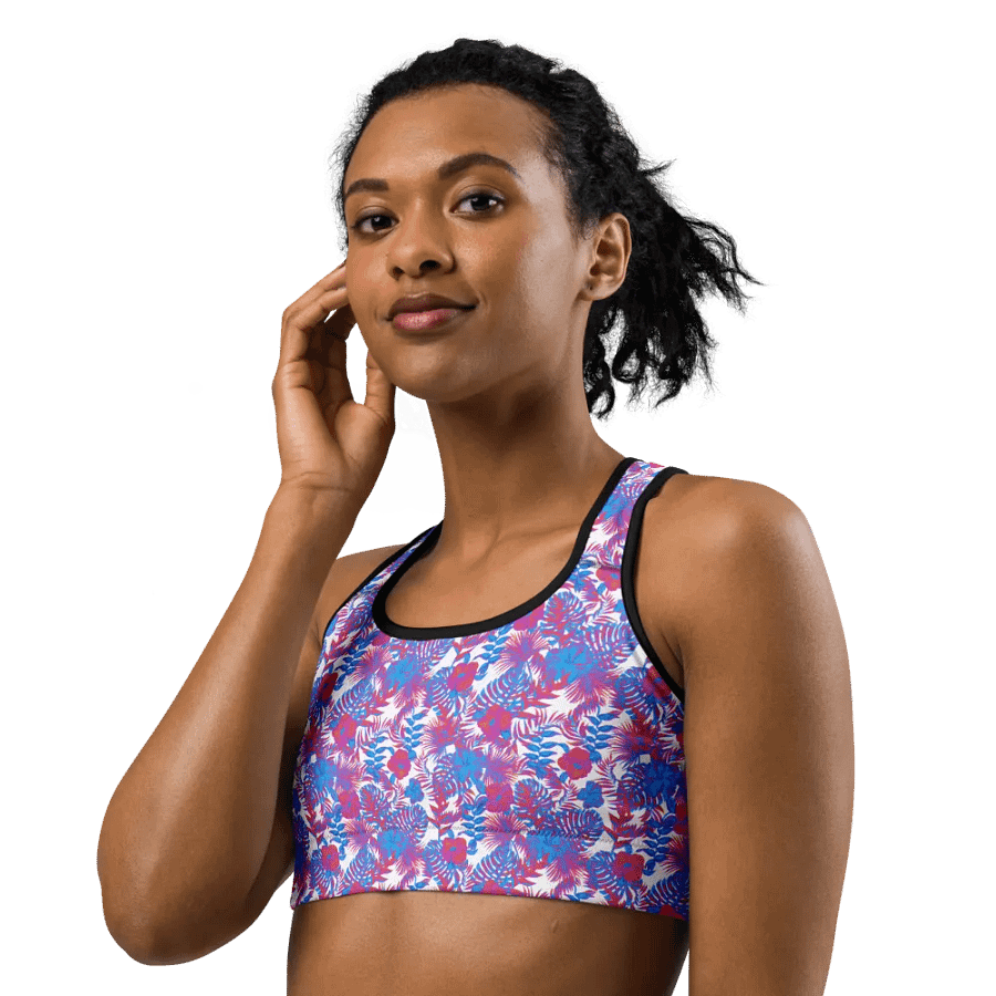 sports bra in blue and pink colors tropical leaves design. Perfect for holiday vibes product image (7)