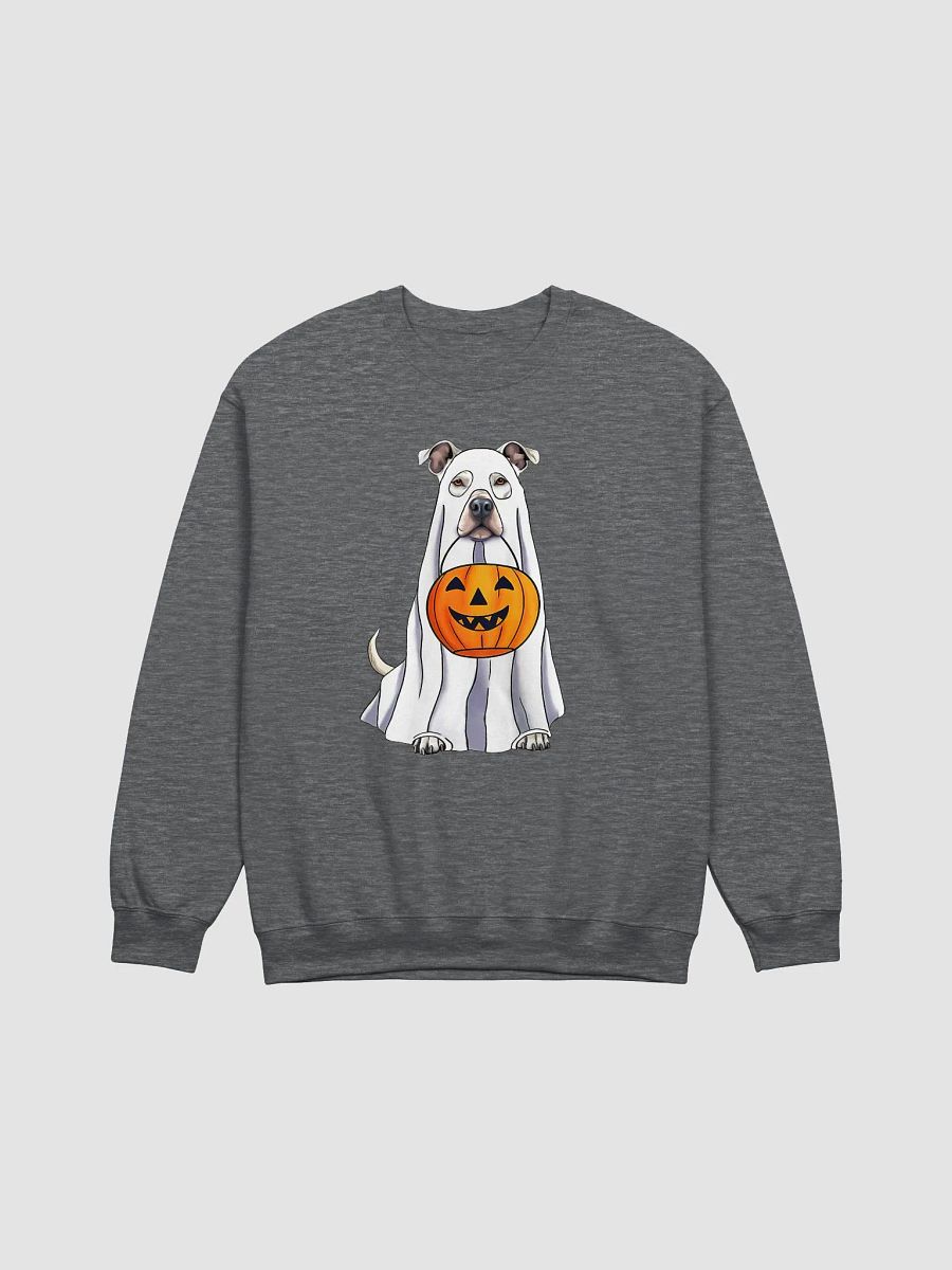 Pitbull(White) Halloween Sweatshirt | Funny Halloween Staffordshire Wearing a Ghost Costume with Pumpkin Basket product image (7)