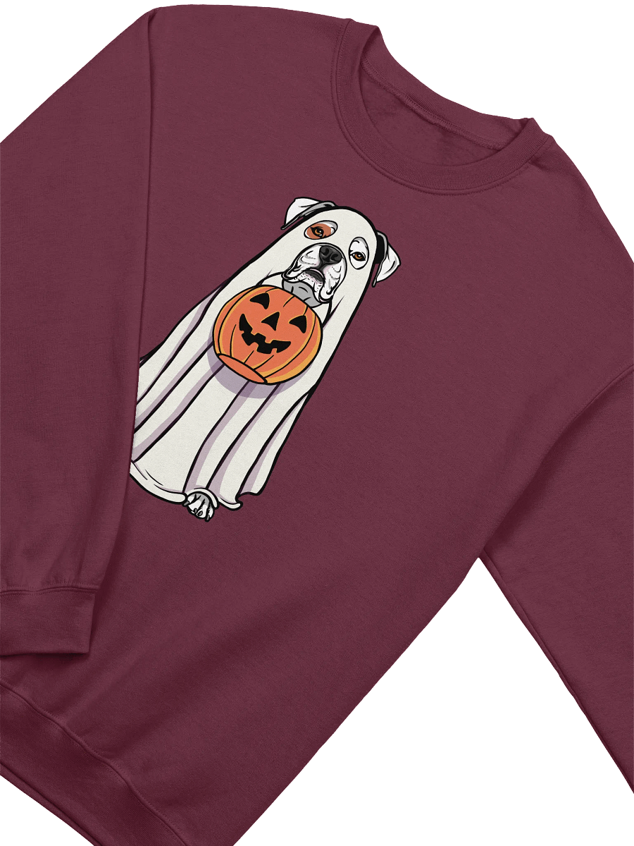 Funny Halloween Boxer Dog(White) Sweatshirt | Funny Boxer Wearing a Ghost Costume and Holding a Pumpkin Basket product image (4)