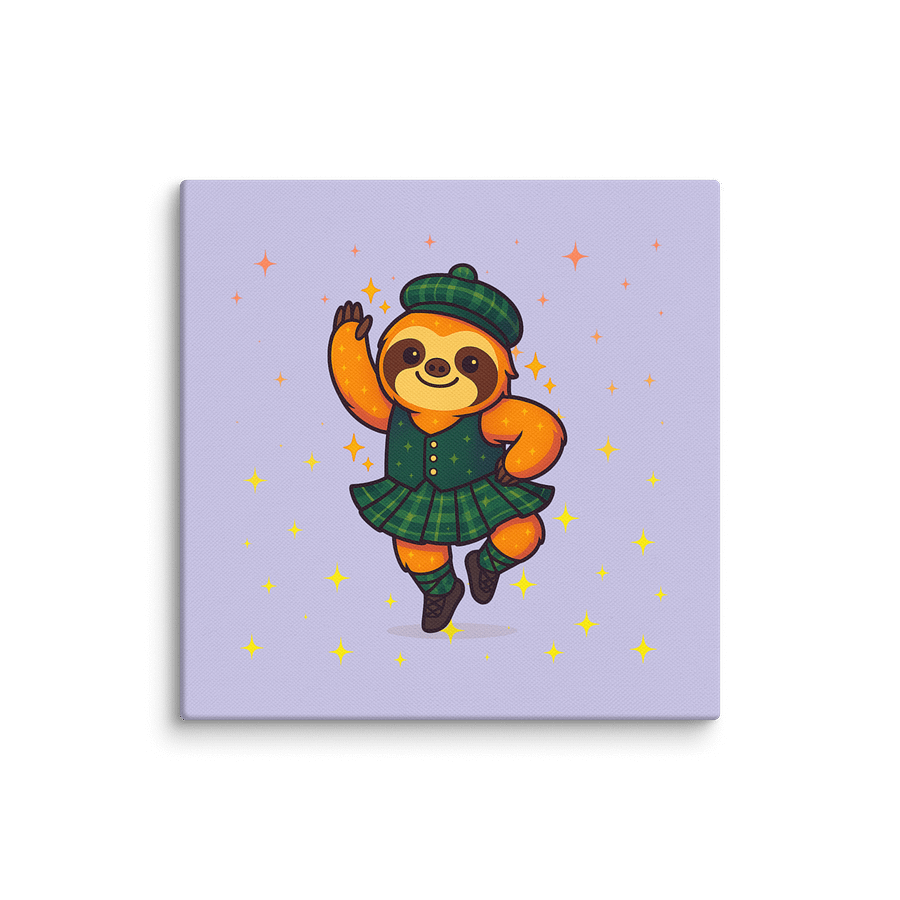 Highland Dance Sloth Mini Canvas – Cute Green Tartan Scottish Sloth Wall Art for Dancers, Teachers, and Sparkly Decor Fans (6x6") product image (1)