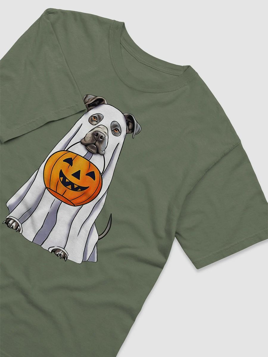 Pitbull(Blue/Gray) Halloween Tee | Funny Halloween Staffordshire Wearing a Ghost Costume with Pumpkin Basket product image (3)