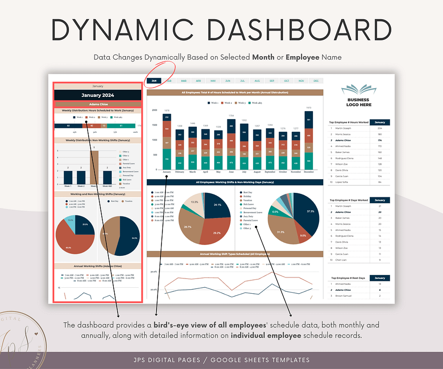 Employee Schedule Template & Dashboard Spreadsheet, Google Sheets Template, Employee Monthly Work Shift Schedule, 2024/2025 Updated Version product image (6)