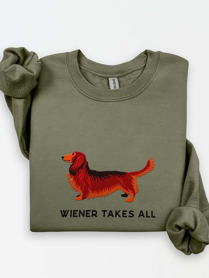 Wiener Takes All Sweatshirt (Embroidered) of a Longhaired Dachshund(Red) product image (1)