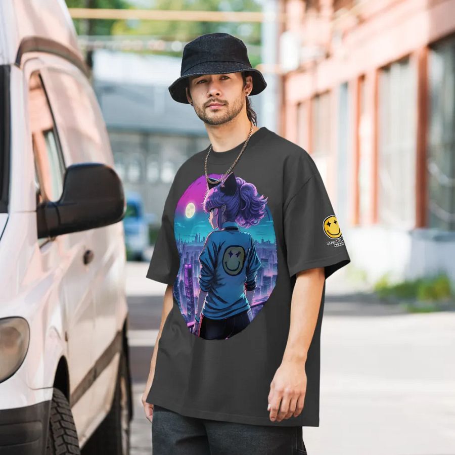 Anime Catgirl Rooftop (AS Colour Premium Oversized Faded T-Shirt) product image (9)
