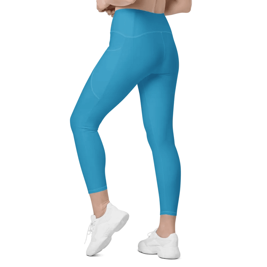 Plain Medium Blue Light Summer Women's High Waisted Premium Crossover Leggings with Pockets by Treasure Pie product image (12)