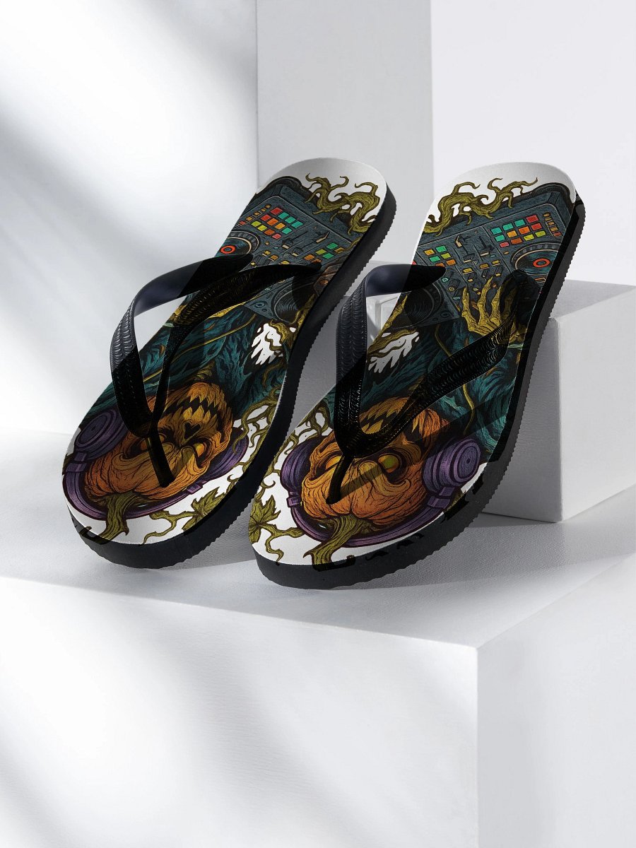 Theatrically Jerry: "DJ Jack-O-Lantern Spins Halloween Beats" Flip-Flops product image (1)