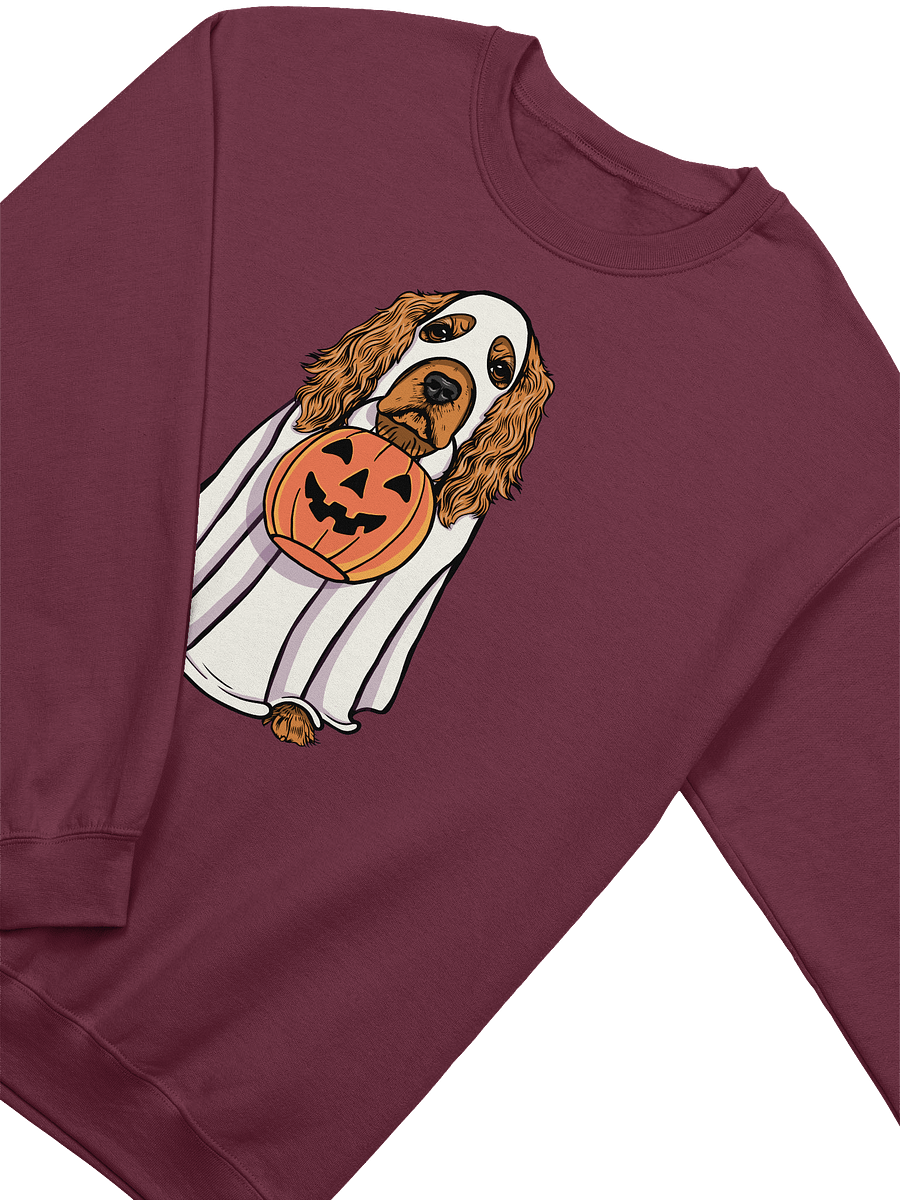 Funny Halloween Cocker Spaniel Sweatshirt | Funny Cocker Spaniel Wearing a Ghost Costume and Holding a Pumpkin Basket product image (13)