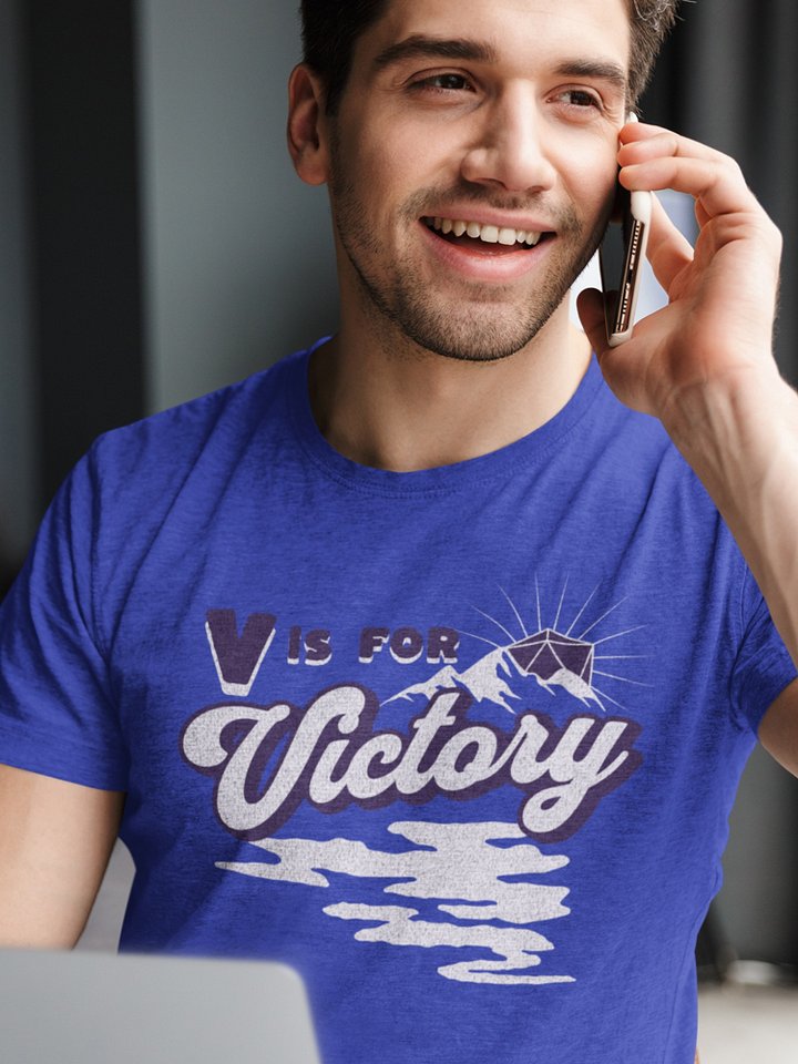 Retro D20 Sunrise Board Game Shirt, V is for Victory T-shirt, on Blue product image (1)