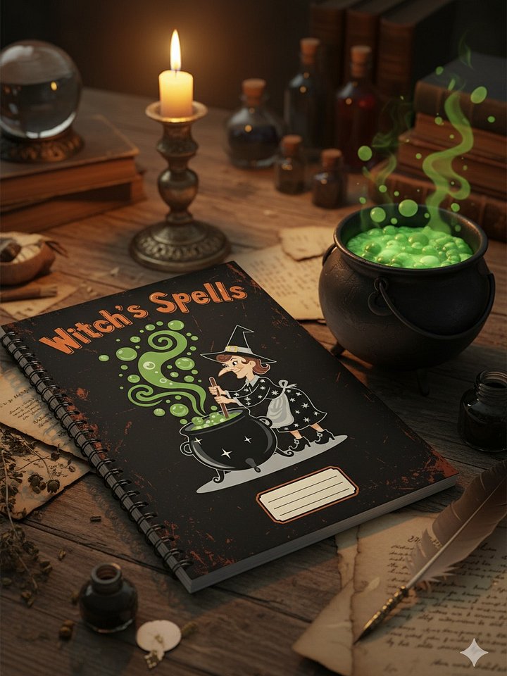 Witch's Spells Notebook Cover, Digital Download, Cute Witch Art, Magic Book PNG, DIY Journal Cover, Halloween Stationery product image (2)