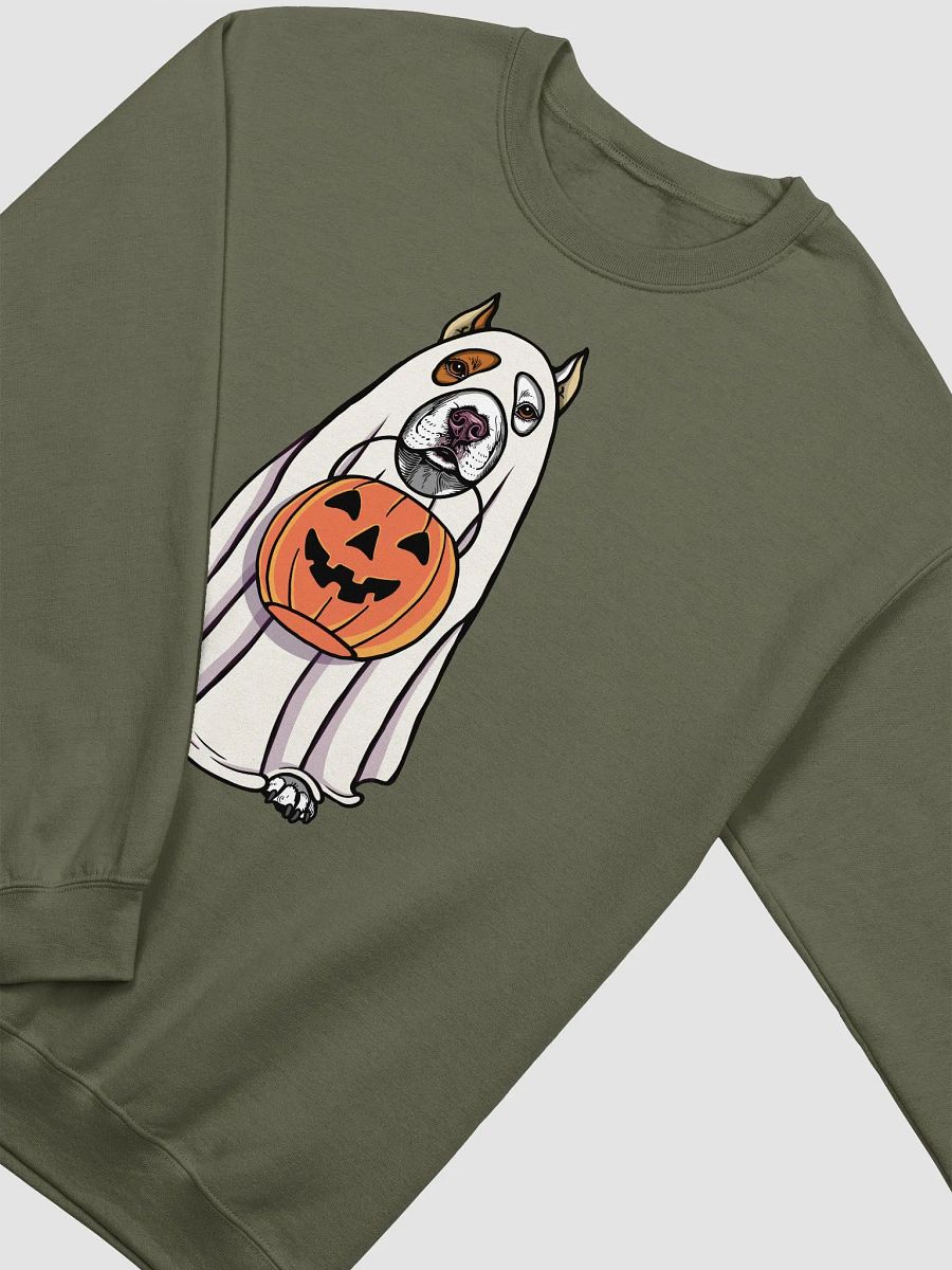 Funny Halloween Pitbull Terrier(Cropped Ears, White) Sweatshirt | Funny Pittie Wearing a Ghost Costume and Holding a Pumpkin Basket product image (18)