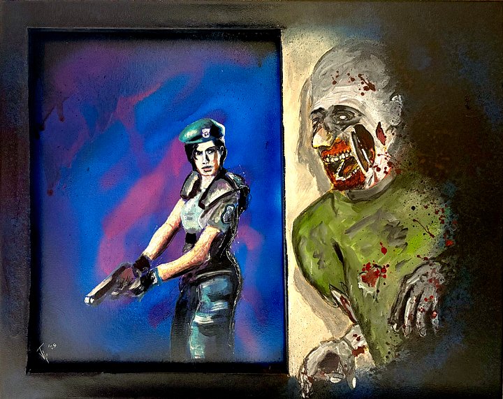 16x20 Resident Evil Jill Valentine & Hiding Zombie Art - Two Tier - 3D Painting with Depth - One of a kind! product image (1)