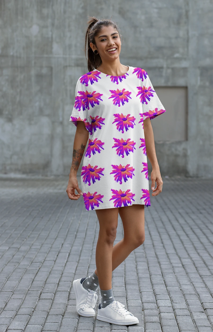 Abstract Pink Floating Daisy Flower Ladies T Shirt Dress product image (1)