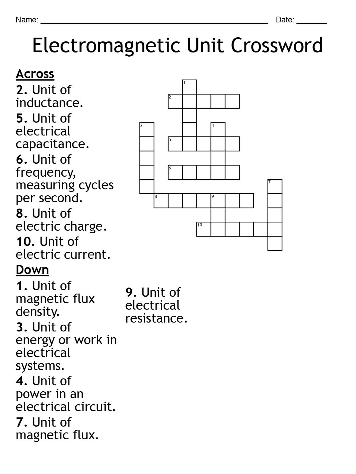 Electromagnetic Unit Crossword Puzzle Fun Physics Activity Learn
