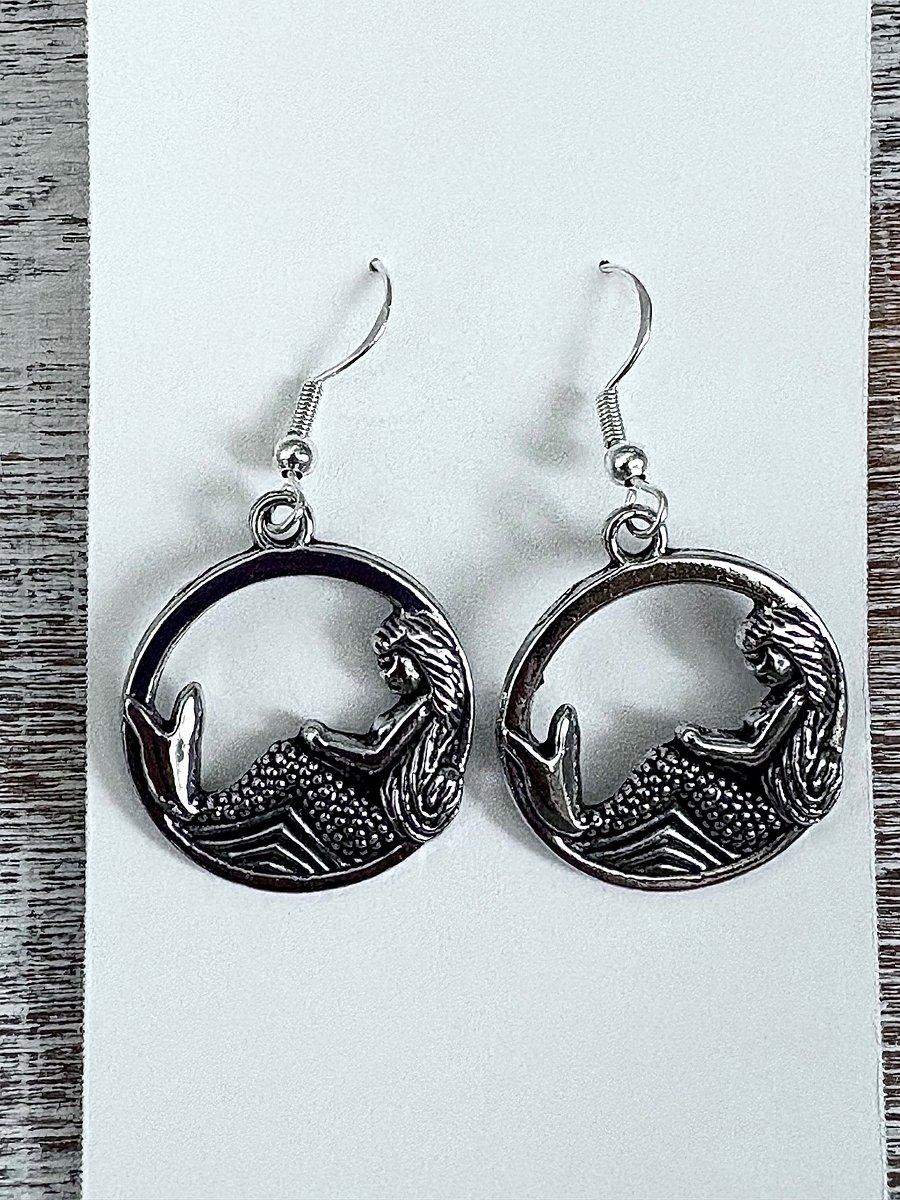 Handmade Silver-Tone Metallic Mermaid Circle Earrings | Monique Faella Designs™ | MFD-00102 product image (1)