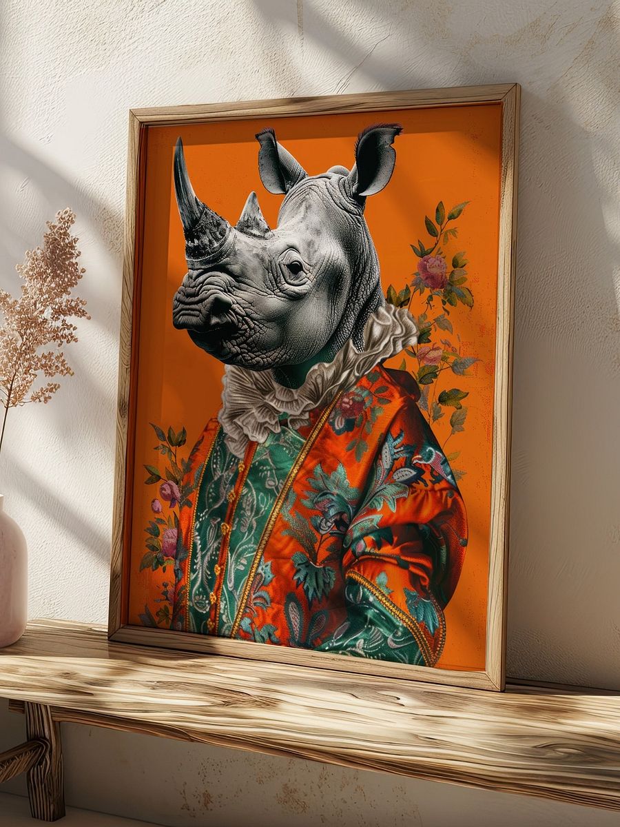 Rococo Rhino Portrait Burnt Orange Animal Fashion Art Print product image (5)