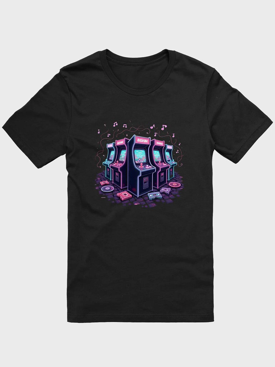 Step into the Electric Dreamscape: Retro Arcade Machines Illuminated by Neon Musical Notes - Unleash Your Inner Gamer and Music Lover with This Exclusive T-Shirt Design product image (1)