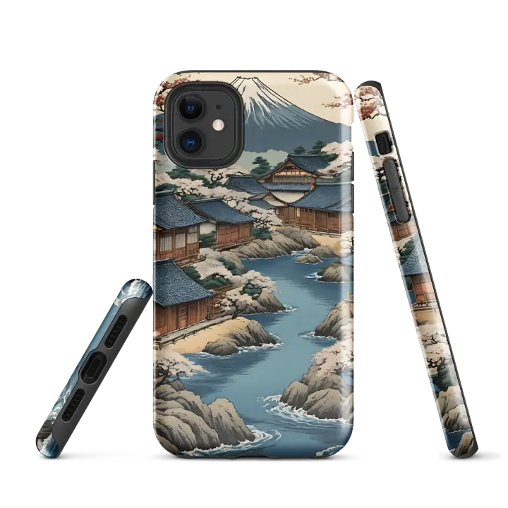 Tough Phone Case for iPhone® - Japanese Village in Shades of Blue and Brown product image (1)