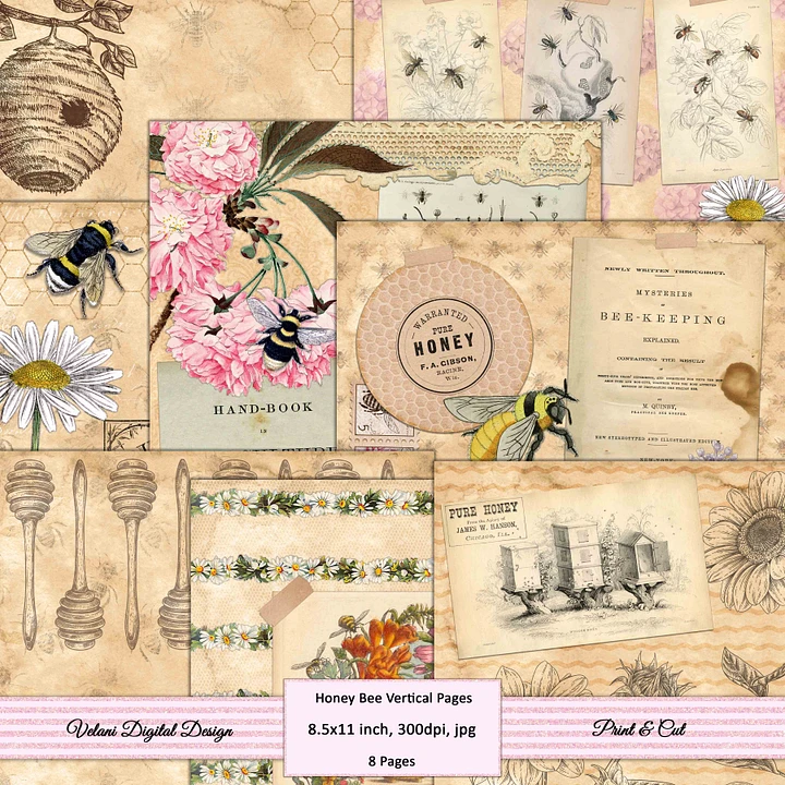 Printable Honey Bee Vertical Junk Journal Pages product image (1)