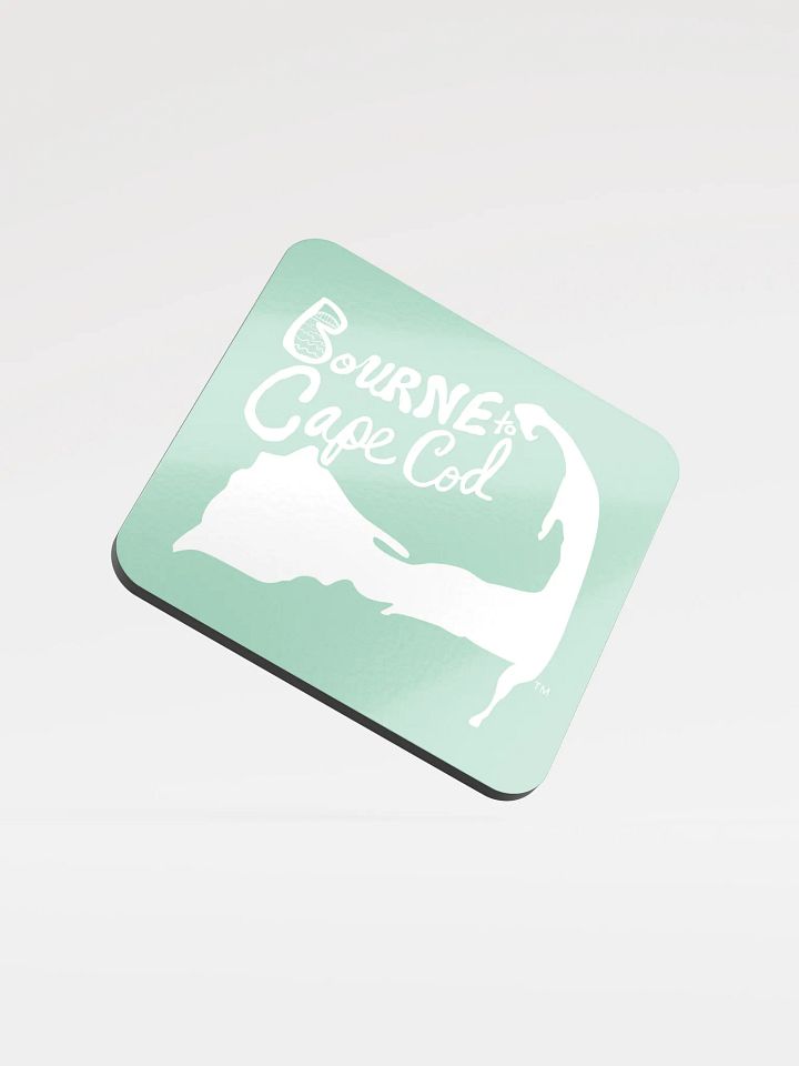 BOURNE to Cape Cod™ | Coastal Coaster | Glossed Cork | Eco-Friendly | Minimalist Coastal Decor | 3.74" Square | White Logo on Vista Blue Green product image (1)