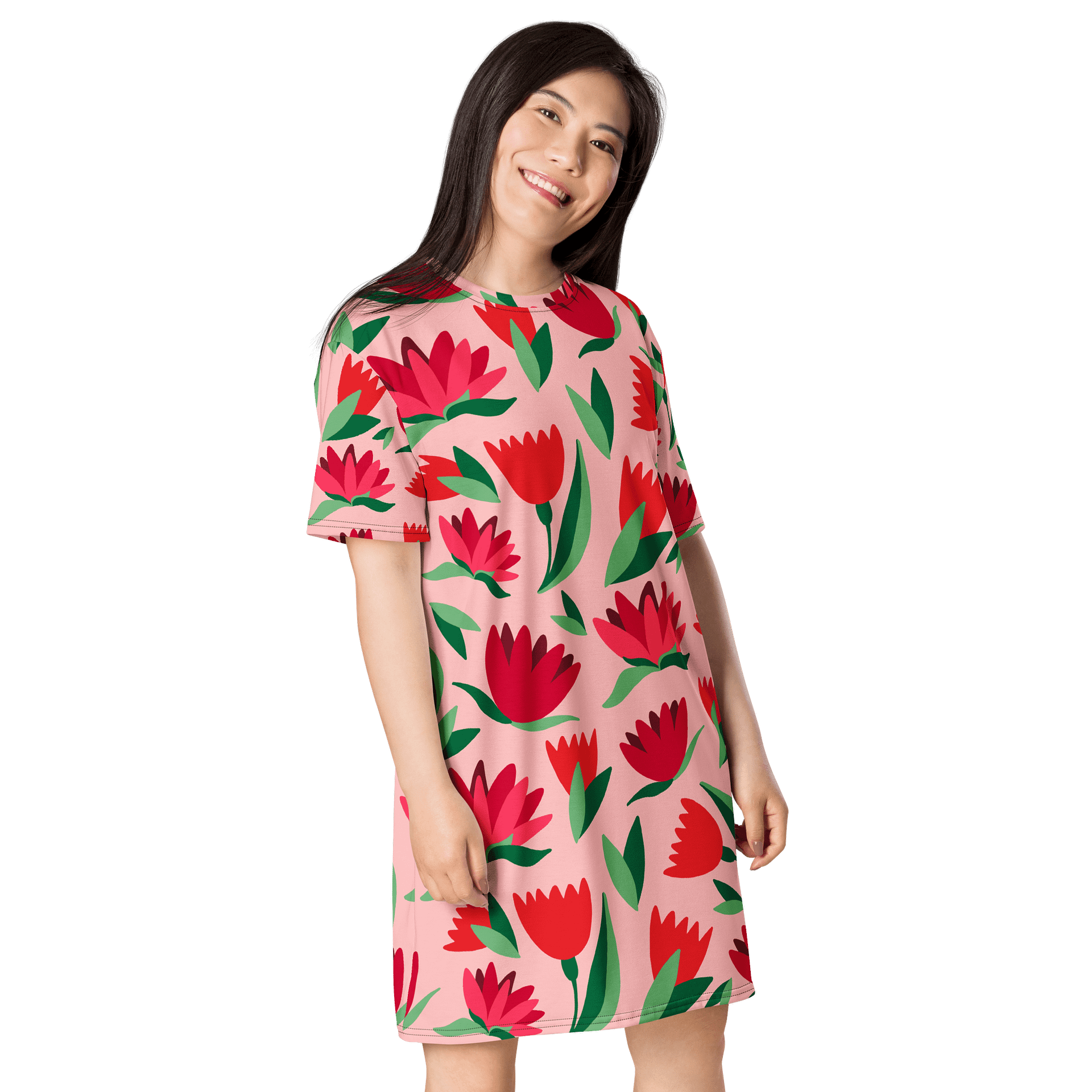 Vibrant Pink Floral T-Shirt Dress - Oversized Trendy Design | TDSMUSIC.com product image (4)