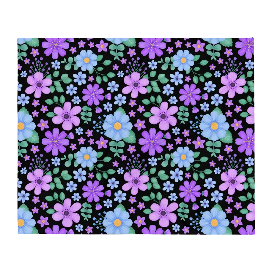 Vibrant Floral Blooms Blue Mauve Purple Blanket - Black product image (2)