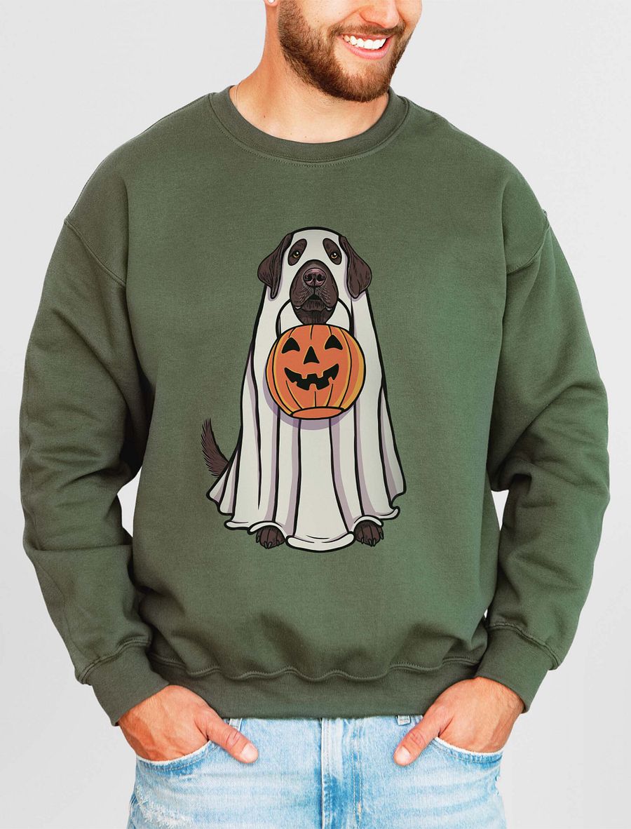 Funny Halloween Labrador Retriever(Chocolate) Sweatshirt | Funny Labrador Wearing a Ghost Costume and Holding a Pumpkin Basket product image (15)