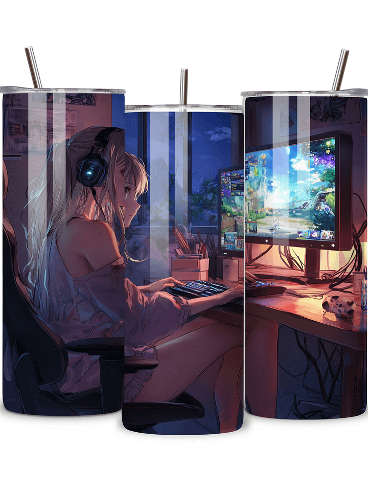 Anime Gamer Girl 20oz Skinny Tumbler with Metal Straw – Vibrant Gaming Setup Design – Double-Walled Insulated Stainless Steel Tumbler Gift for Anime and Gaming Fans (Anime Girl 1) product image (2)