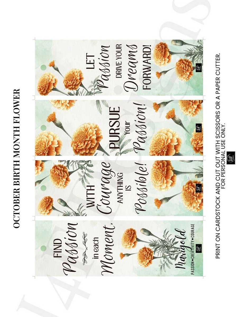 FREE Marigold Bookmark Printable, Inspirational Sayings With October's Birth Month Flower product image (4)