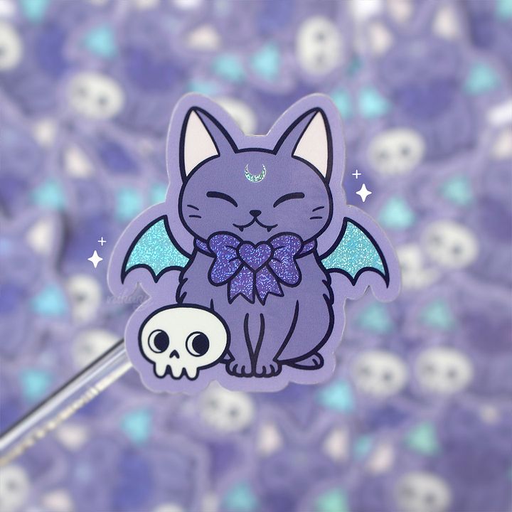 Spooky Cute Bat Cat Glitter Vinyl Stickers product image (1)