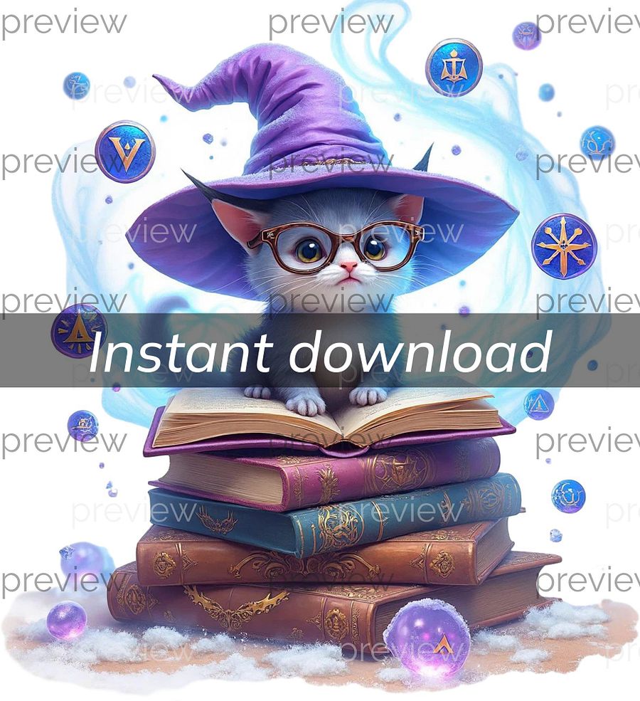Book Lover Kitten Wizard Clipart - Adorable Blue Fur Cat with Wizard Hat and Glasses, Magical Scholar Theme for Instant Download POD, 300DPI product image (1)