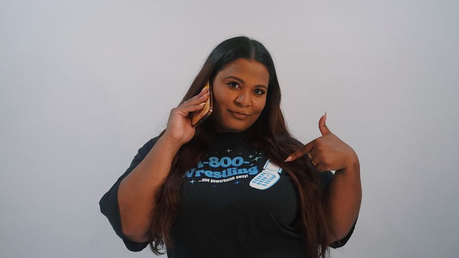 1-800-Wrestling: One Powerbomb Away! T-Shirt (Blue/White Design) product image (4)