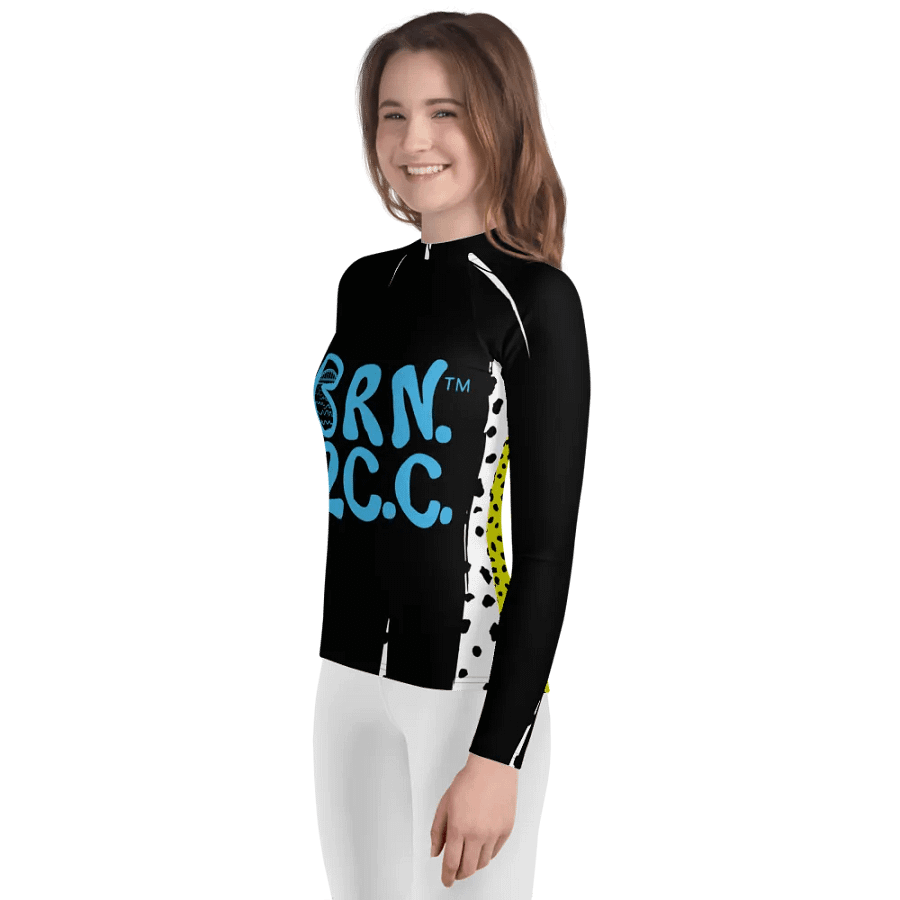 Girls' | YOUTH | Rash Guard | BRN.2C.C.™ Front Graphic | BOURNE to Cape Cod™ Sleeve & Back Logo | Coastal Swim Shirt for Kids | UV Protection Activewear | Blue Logo | Animal Abstract product image (3)