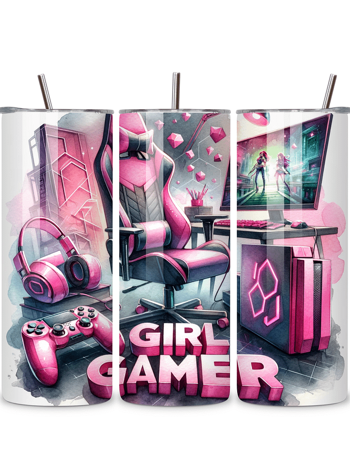 Girl Gamer 20oz Skinny Tumbler with Metal Straw – Pink Gaming Setup Design with Controller and Headset – Double-Walled Insulated Stainless Steel Tumbler for Hot & Cold Drinks product image (1)