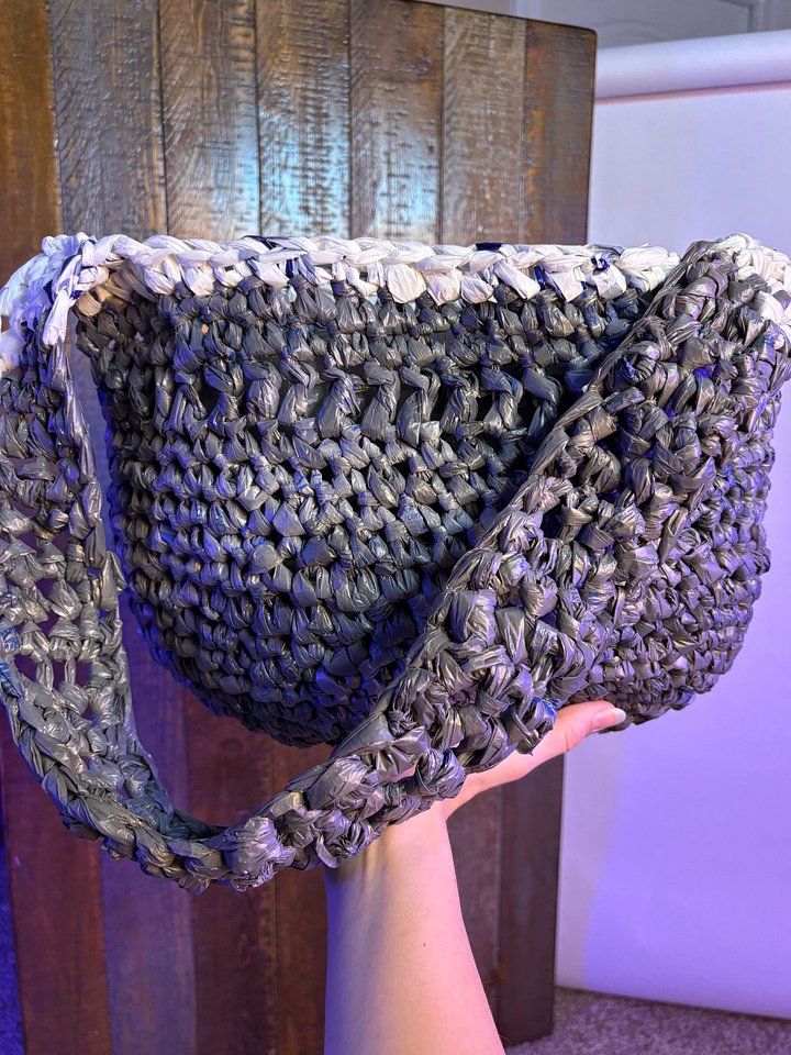 Medium Handcrafted Crochet Tote Bag (grey with white border) product image (2)