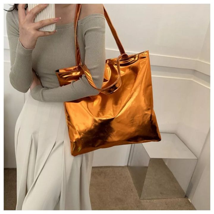 Solid Color Shiny Casual Handbags PU Shoulder Bag 2023 Glossy Tote Bags product image (2)